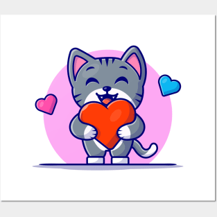 Cute Cat Holding Heart Cartoon Vector Icon Illustration Posters and Art